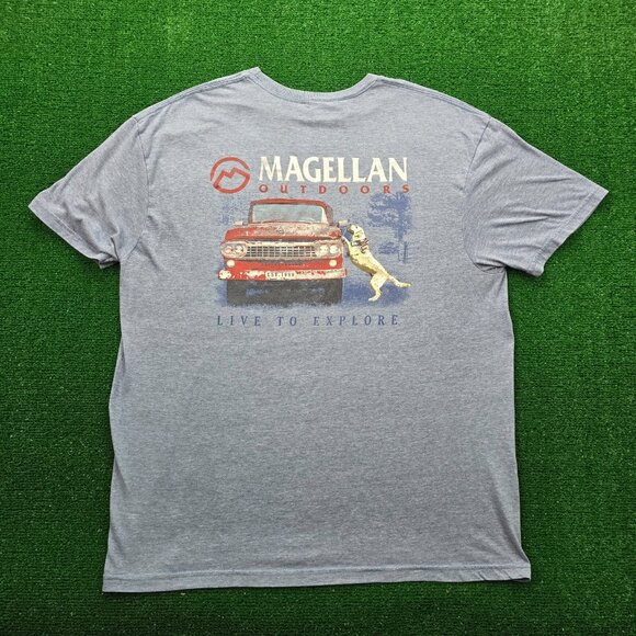Magellan‎ Tshirt Mens Large Blue Short Sleeve Live to Explore Dog Pickup Truck - Picture 1 of 9
